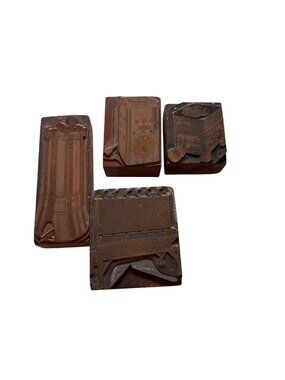 Lot of 4 Vintage Letterpress Printing Blocks Wood Mounted Hardware Safe Tool Cut